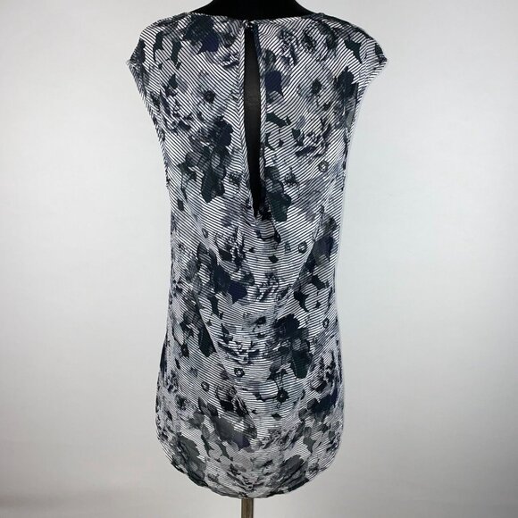 Studio Y Womens L Sheer Floral Striped Hi-Lo Hem Tunic Blouse Top Keyhole Back - Picture 9 of 15